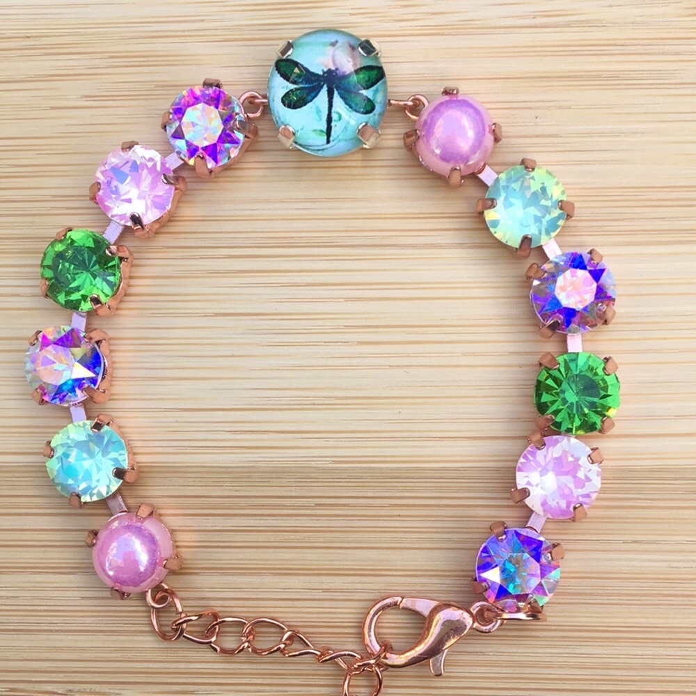 Pink Opal Aurora Borealis + Peridot Dragonfly Charm Crystal Tennis Bracelet - Picture 6 of 16